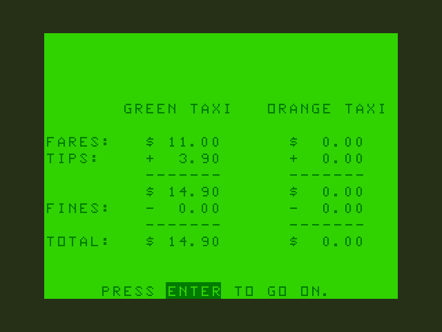 Taxi TRS-80 Color Computer Screenshot: Game over.
