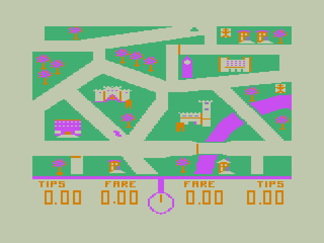 Taxi TRS-80 Color Computer Screenshot: London features a lot of diagonal roads.