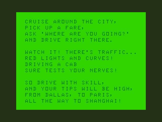 Taxi TRS-80 Color Computer Screenshot: Game introduction.