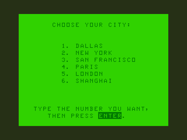 Taxi TRS-80 Color Computer Screenshot: Choose a city.
