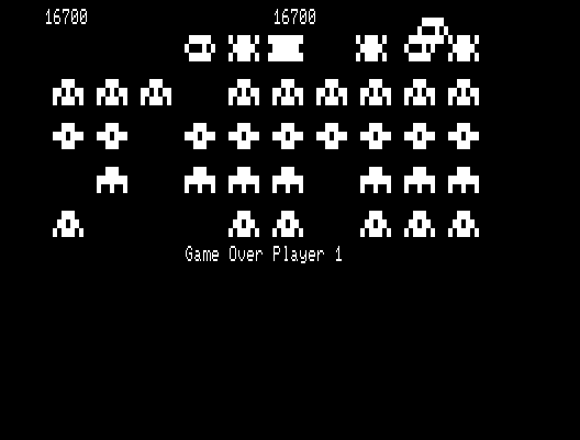 Galaxy Invasion TRS-80 Screenshot: Game over.