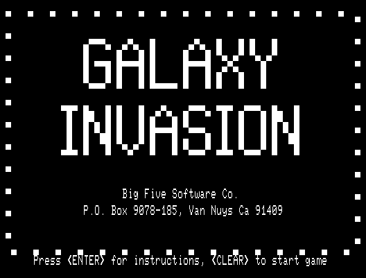 Galaxy Invasion TRS-80 Screenshot: Title screen.