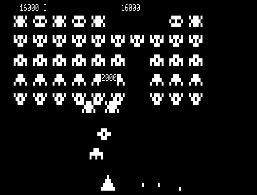 Galaxy Invasion TRS-80 Screenshot: Invaders attempt to crash into you Galaxian style...