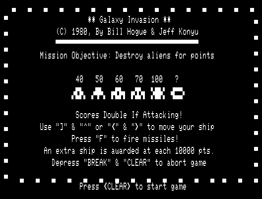 Galaxy Invasion TRS-80 Screenshot: Game instructions.