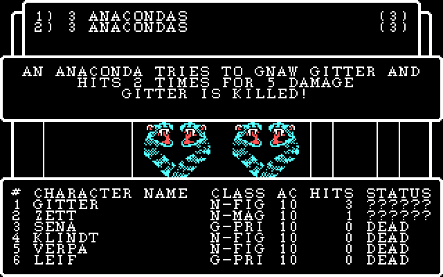 Wizardry: Legacy of Llylgamyn - The Third Scenario IBM PC/Compatibles Screenshot: Some deadly snakes attack!