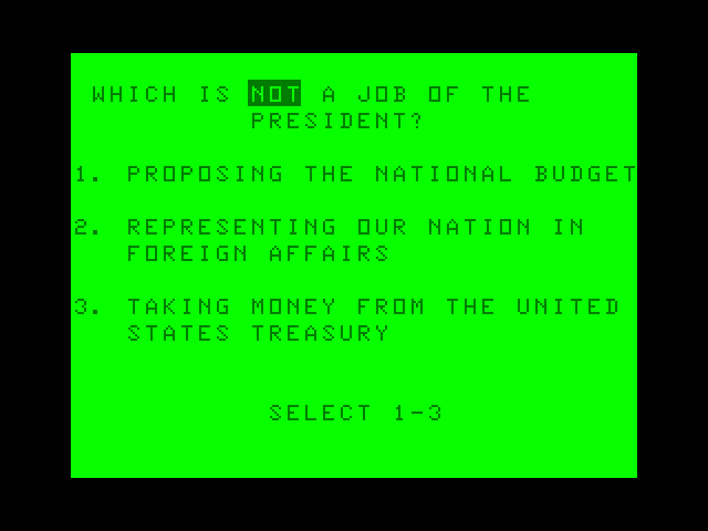 Goofy Covers Government TRS-80 Color Computer Screenshot: What does the president not do?