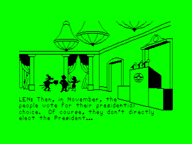 Goofy Covers Government TRS-80 Color Computer Screenshot: How the president is elected...