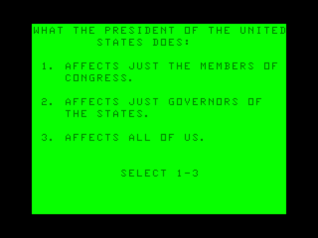 Goofy Covers Government TRS-80 Color Computer Screenshot: Here's the first question on this side of the tape...