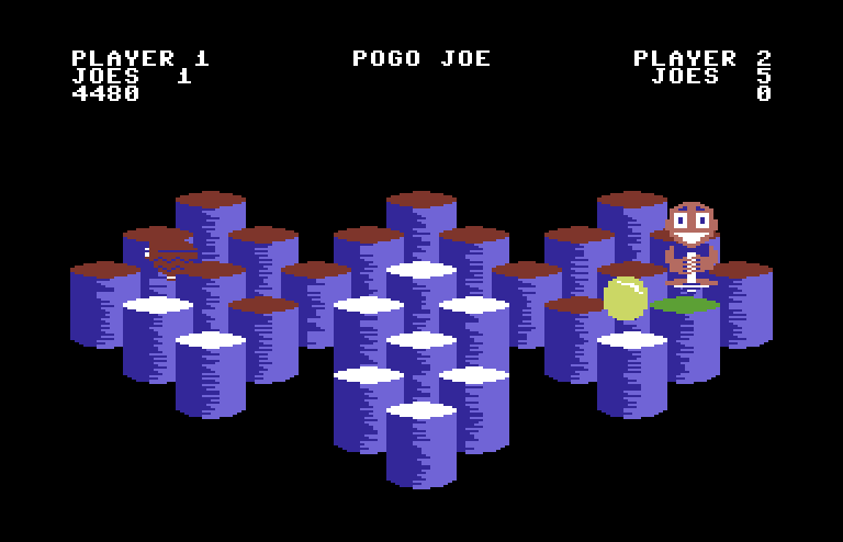 Pogo Joe Commodore 64 Screenshot: Jump on flashing green cylinders to destroy enemies.
