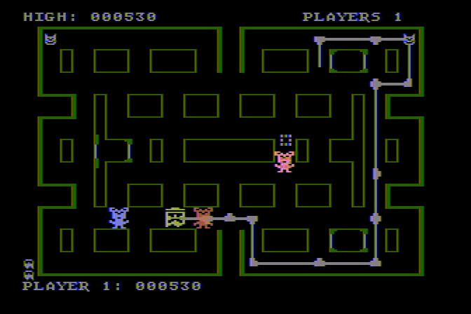 Mouskattack Atari 8-bit Screenshot: Building pipes...I'm almost trapped here!