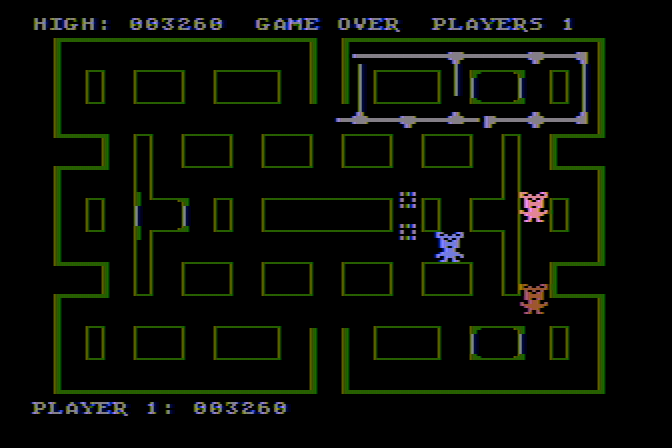 Mouskattack Atari 8-bit Screenshot: Game over.
