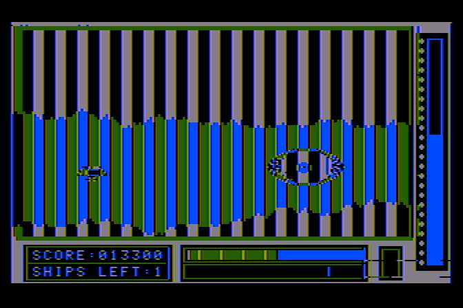 Lunar Leeper Atari 8-bit Screenshot: Target destroyed! The screen flashes various colors and patterns.