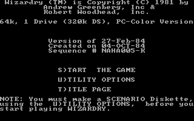 Wizardry: Proving Grounds of the Mad Overlord IBM PC/Compatibles Screenshot: Main menu (1984 version).