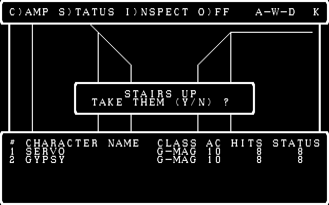 Wizardry: Proving Grounds of the Mad Overlord IBM PC/Compatibles Screenshot: There are some stairs here, take them?