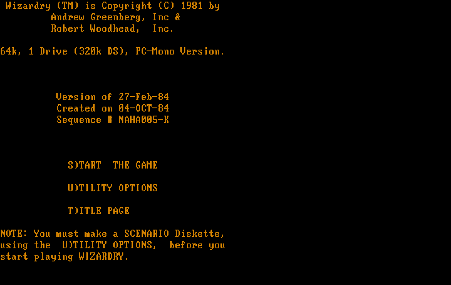 Wizardry: Proving Grounds of the Mad Overlord IBM PC/Compatibles Screenshot: The main menu.