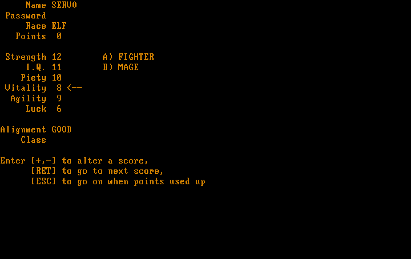 Wizardry: Proving Grounds of the Mad Overlord IBM PC/Compatibles Screenshot: Allocate some points and choose character options.