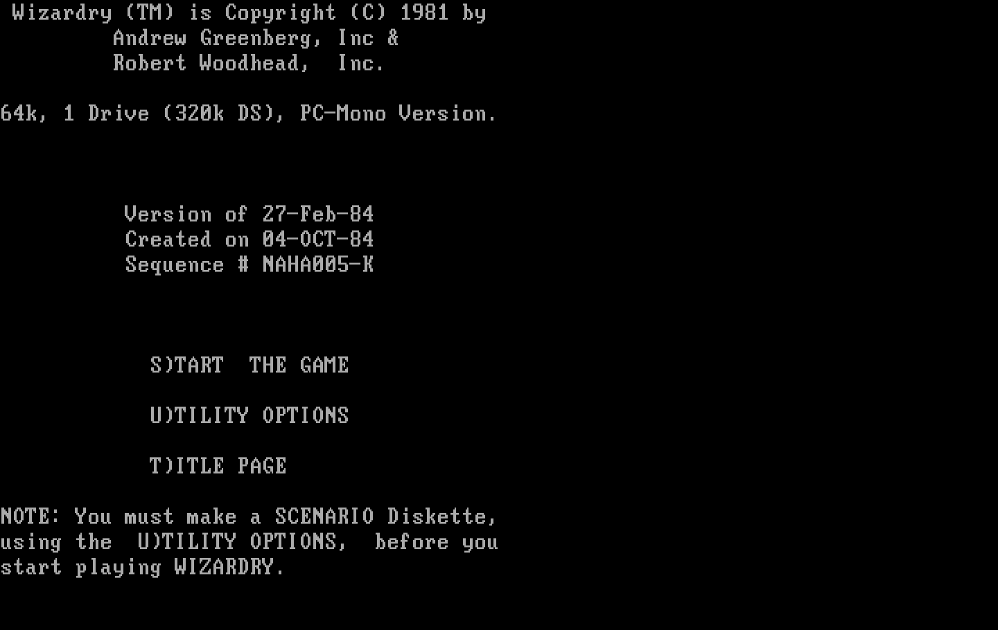 Wizardry: Proving Grounds of the Mad Overlord IBM PC/Compatibles Screenshot: The main menu.
