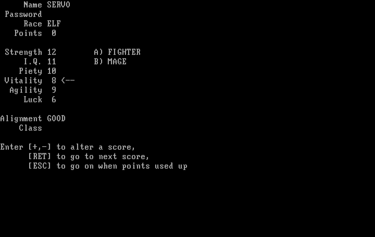Wizardry: Proving Grounds of the Mad Overlord IBM PC/Compatibles Screenshot: Allocate some points and choose character options.