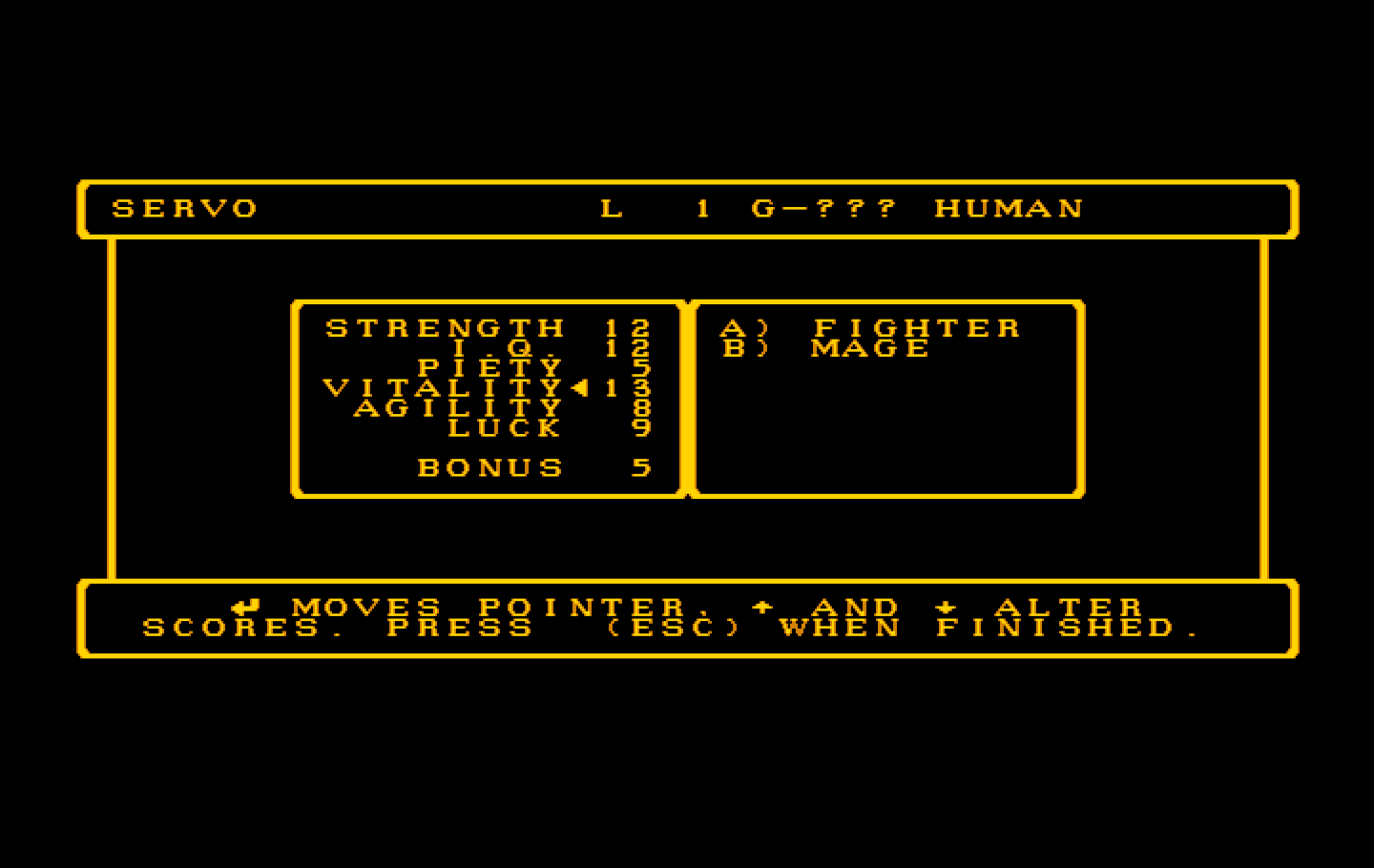 Wizardry: Proving Grounds of the Mad Overlord IBM PC/Compatibles Screenshot: Rolling some stats for my new character.