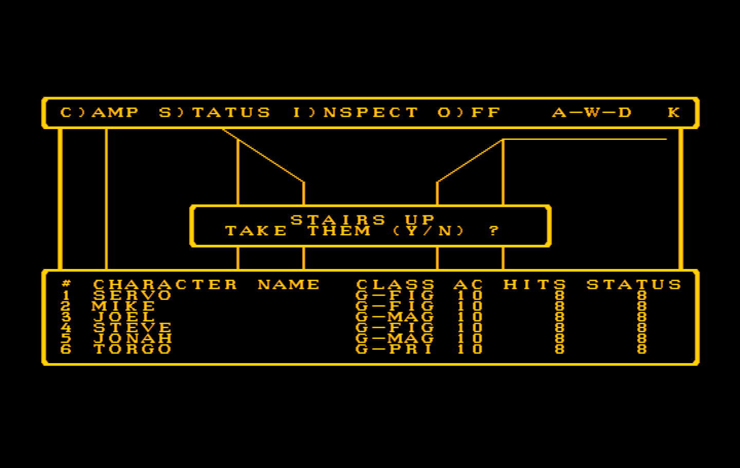 Wizardry: Proving Grounds of the Mad Overlord IBM PC/Compatibles Screenshot: The starting location with some stairs leading up.
