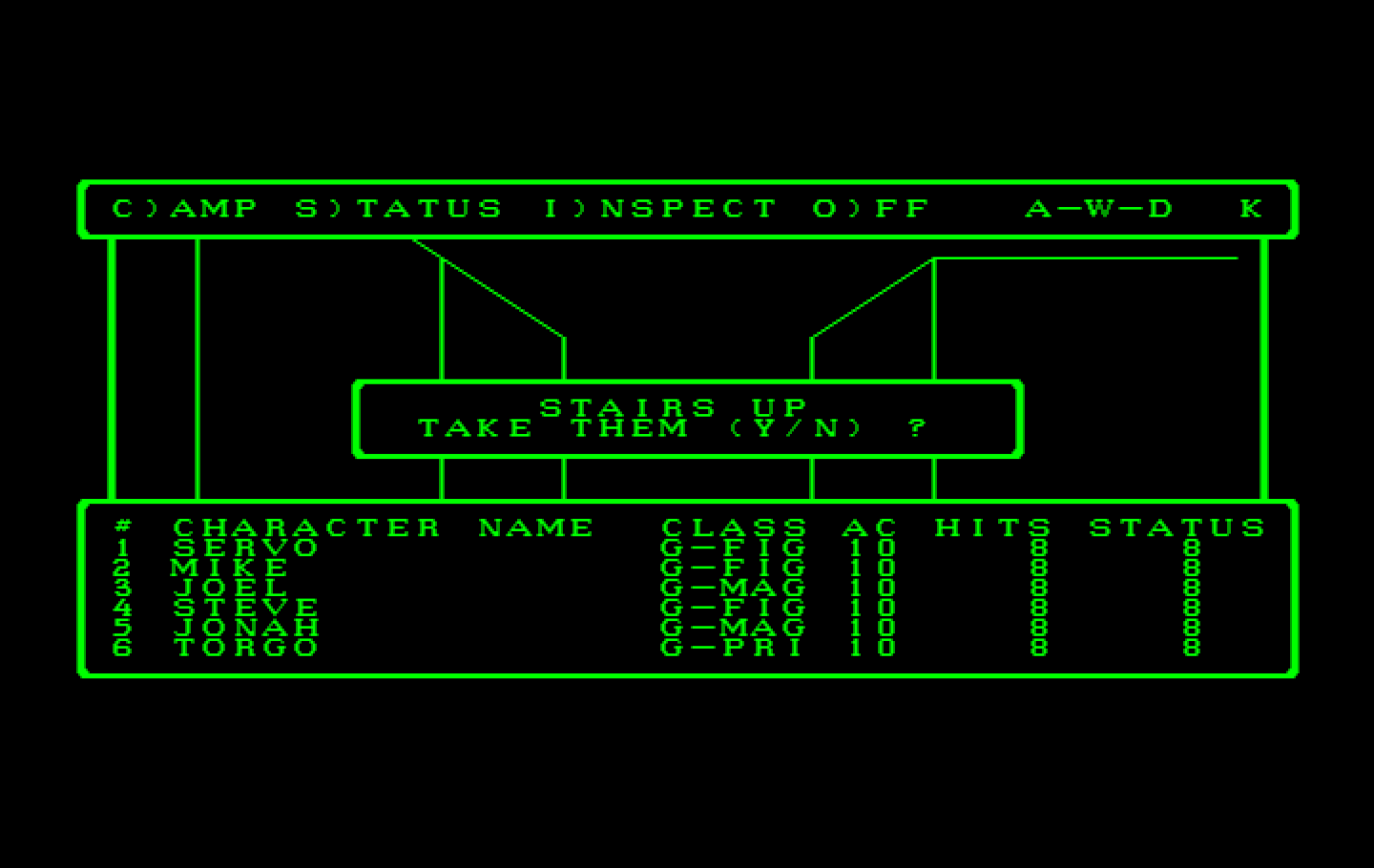 Wizardry: Proving Grounds of the Mad Overlord IBM PC/Compatibles Screenshot: The starting location with some stairs leading up.