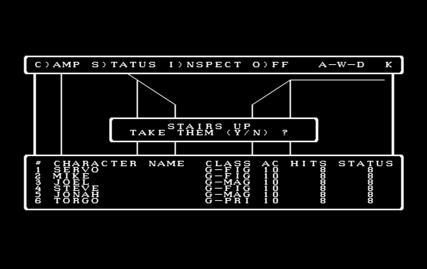 Wizardry: Proving Grounds of the Mad Overlord IBM PC/Compatibles Screenshot: The starting location with some stairs leading up.