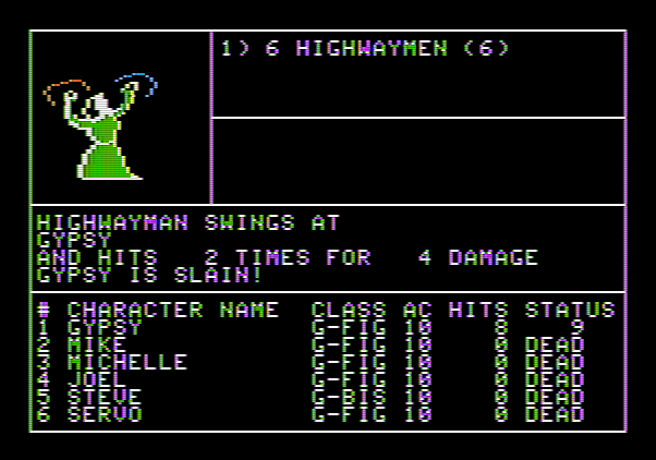 Wizardry: Proving Grounds of the Mad Overlord Apple II Screenshot: This battle is overall not going well...