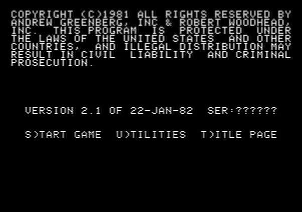 Wizardry: Proving Grounds of the Mad Overlord Apple II Screenshot: Copyright information and main menu.