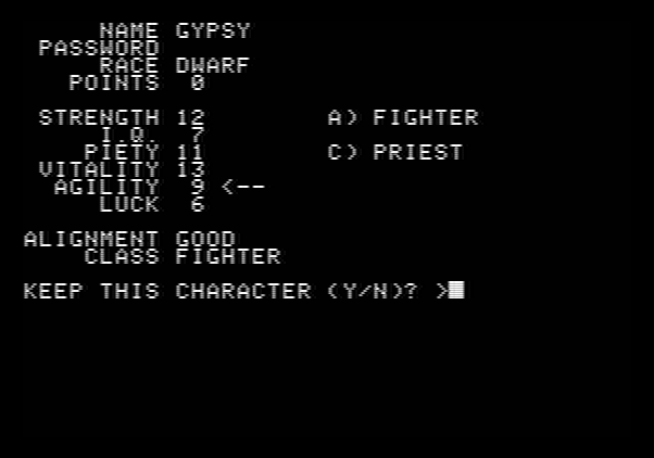 Wizardry: Proving Grounds of the Mad Overlord Apple II Screenshot: Done; keep this character?