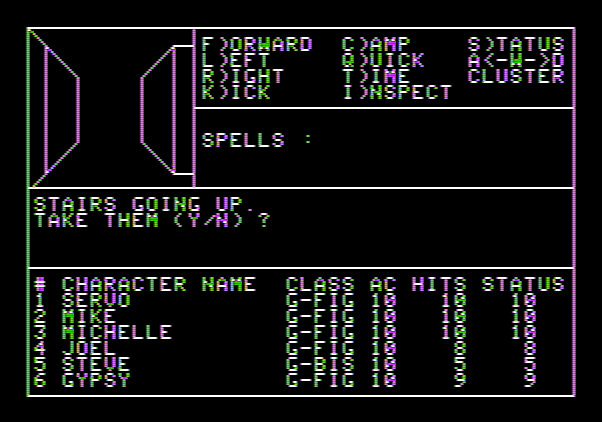 Wizardry: Proving Grounds of the Mad Overlord Apple II Screenshot: Maze start with some stairs going up...