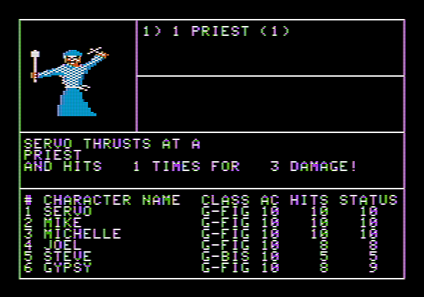 Wizardry: Proving Grounds of the Mad Overlord Apple II Screenshot: Fighting enemy priests...