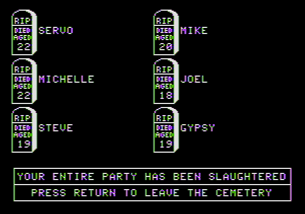 Wizardry: Proving Grounds of the Mad Overlord Apple II Screenshot: Game over.