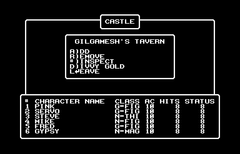 Wizardry: Proving Grounds of the Mad Overlord Commodore 64 Screenshot: Selecting characters for my adventuring party.