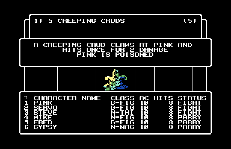 Wizardry: Proving Grounds of the Mad Overlord Commodore 64 Screenshot: A character is poisoned...