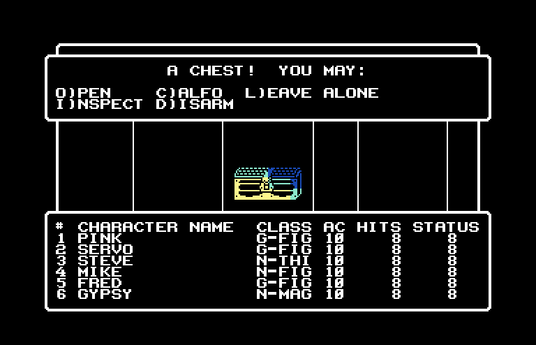 Wizardry: Proving Grounds of the Mad Overlord Commodore 64 Screenshot: Do you dare open this chest?