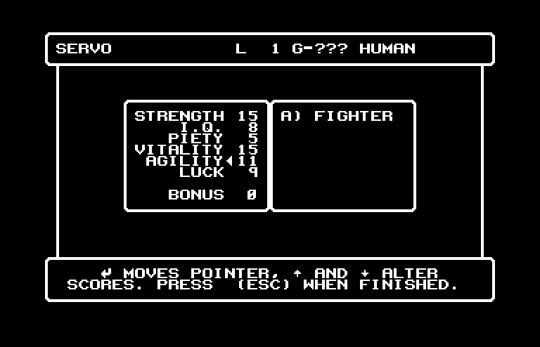 Wizardry: Proving Grounds of the Mad Overlord Commodore 64 Screenshot: Rolling some stats for a new character.