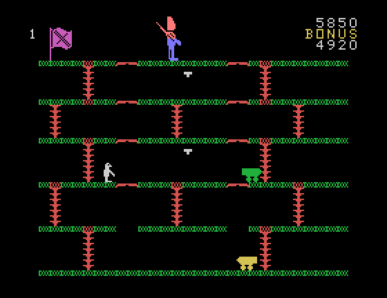 Cannonball Blitz TI-99/4A Screenshot: Round 2 is similar to round 2 of Donkey Kong.