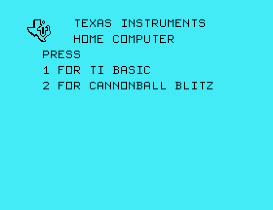 Cannonball Blitz TI-99/4A Screenshot: TI-99/4A main menu.