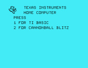 Cannonball Blitz for TI-99/4A - TI-99/4A main menu.