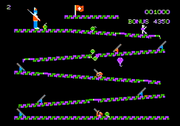 Cannonball Blitz Apple II Screenshot: I'll need to wait for the balloon in order to reach that final platform.