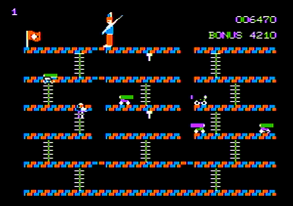 Cannonball Blitz Apple II Screenshot: Climbing a ladder up to the final two sections of the platform...