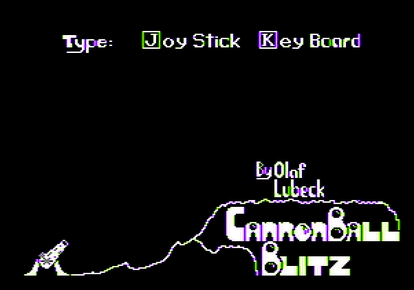 Cannonball Blitz Apple II Screenshot: Use a joystick or the keyboard?