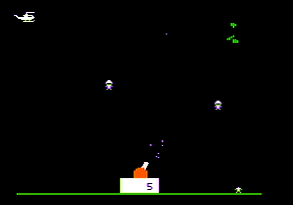Sabotage Apple II Screenshot: Blasting helicopters and paratroopers...