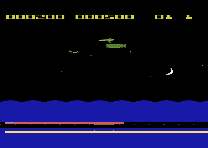 Aquatron Atari 8-bit Screenshot: Don't accidentally destroy the base...