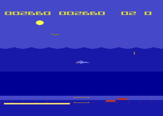 Aquatron Atari 8-bit Screenshot: Don't get bombed when flying underwater...