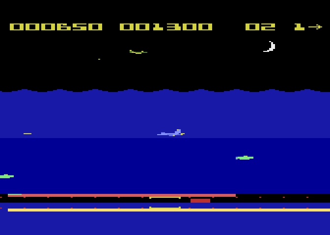 Aquatron Atari 8-bit Screenshot: You can fly both above and under water.