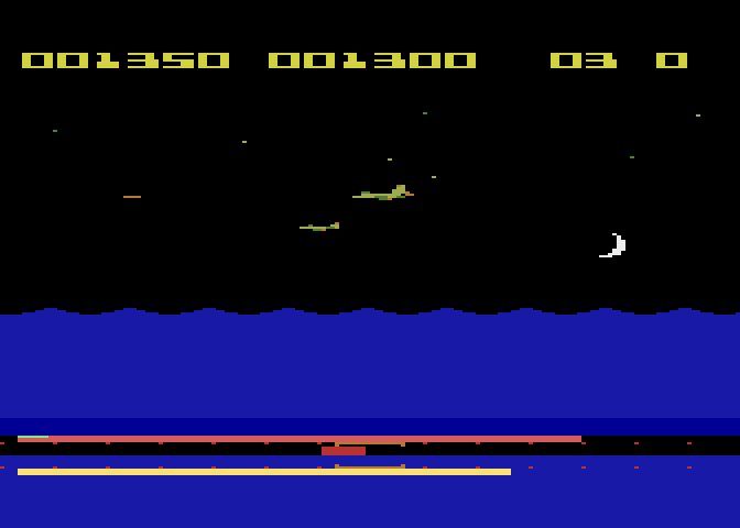 Aquatron Atari 8-bit Screenshot: Watch out for an attack from above!