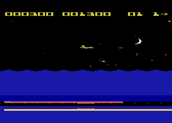 Aquatron Atari 8-bit Screenshot: Game start; blasting an opponent...