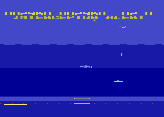 Aquatron Atari 8-bit Screenshot: Similar to Defender, players can fly either left or right.