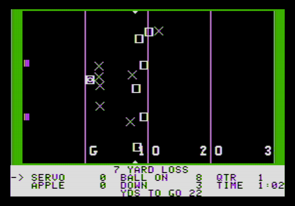 Hi-Res Football Apple II Screenshot: Oops, that's a 7 yard loss this time...